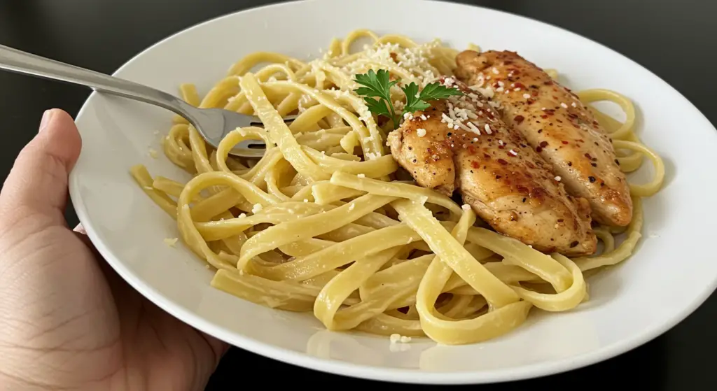 A vibrant and inviting dish of Spicy Chicken Alfredo Variations. In the foreground, tender, juicy chicken breasts coated in a tantalizing blend of spices, seared to perfection. In the middle ground, a creamy, luscious Alfredo sauce, made with rich parmesan and a hint of heat, tossed with al dente fettuccine noodles. The background showcases a variety of accompaniments - roasted red peppers, caramelized onions, crispy bacon bits, and a scattering of fresh herbs. The lighting is warm and inviting, casting a golden glow over the dish. Captured from a slightly elevated angle, the image conveys the comforting, yet bold flavors of this spicy twist on a classic pasta dish.