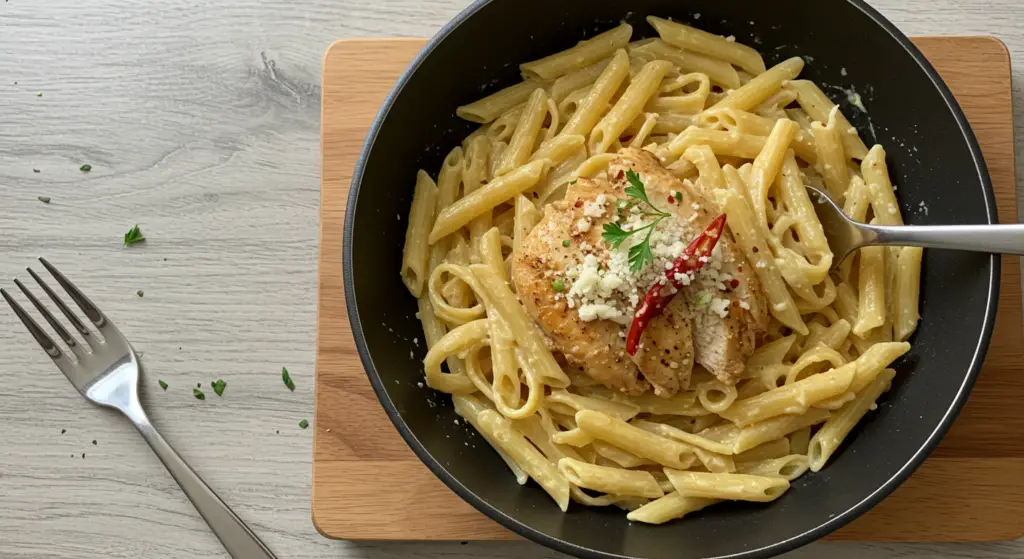 A delectable plate of spicy chicken alfredo, the creamy sauce glistening as steam rises from the freshly cooked pasta. In the foreground, juicy chicken thighs, seasoned with a blend of bold spices, sear to a crisp golden-brown finish. The middle ground features al dente fettuccine noodles, coated in a rich, velvety Parmesan-based alfredo sauce, dotted with flecks of fresh parsley. In the background, a subtly blurred, cozy kitchen setting, with warm overhead lighting casting a comforting glow. The overall atmosphere evokes a sense of indulgent, homemade comfort food, perfect for savoring on a chilly evening.