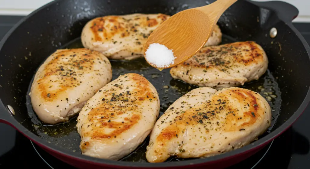 A close-up shot of a chef's hands preparing garlic chicken. In the foreground, the hands are carefully mincing fresh garlic cloves on a wooden cutting board, their movements precise and deliberate. The middle ground features a marinated chicken thigh, its golden-brown skin glistening under warm, directional lighting. In the background, a stainless steel pan sizzles on the stovetop, ready to receive the seasoned chicken. The scene conveys a sense of focused culinary expertise, with the aromatic ingredients and sizzling pan hinting at the flavorful dish to come.