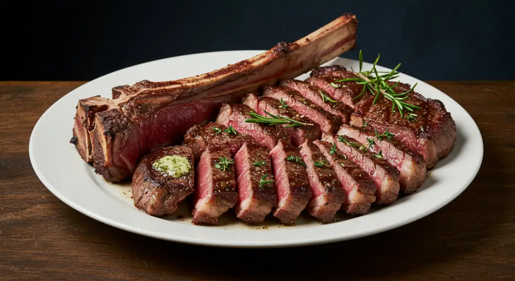 A rustic wooden table set with an array of side dishes to complement a juicy tomahawk steak. In the foreground, a platter of roasted vegetables, including tender asparagus, caramelized brussels sprouts, and baby potatoes, drizzled with a rich balsamic glaze. Beside it, a bowl of creamy mashed potatoes and a dish of tangy chimichurri sauce. In the middle ground, a glass carafe of bold red wine and a set of polished silverware. The background features a warm, soft lighting, casting a cozy glow over the entire scene, creating an inviting and sophisticated atmosphere to enjoy the perfect tomahawk steak dinner.