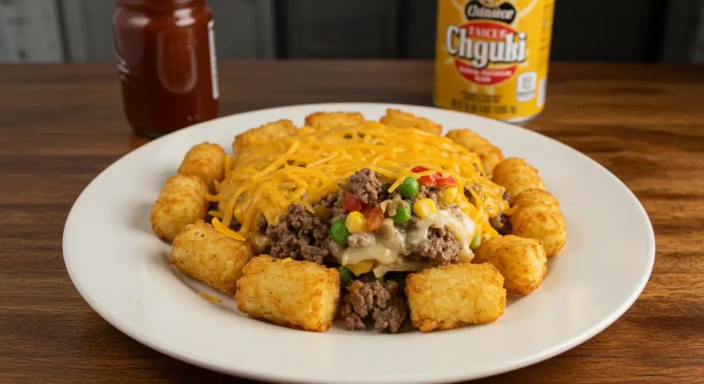 A mouthwatering display of cheesy tater tot casserole variations, captured in a warm, rustic kitchen setting. In the foreground, a creamy, golden-topped casserole, its surface dotted with melted cheddar and crispy tater tots, inviting the viewer to imagine its delectable flavors. In the middle ground, additional casserole dishes showcase unique twists, such as a spicy version with jalapeños, a veggie-packed option with broccoli and carrots, and a decadent rendition with bacon and caramelized onions. Soft, natural lighting filters through the window, casting a cozy glow and highlighting the dish's comforting textures. The overall scene exudes a sense of homey, family-style cuisine, perfectly capturing the essence of a delicious tater tot casserole experience.