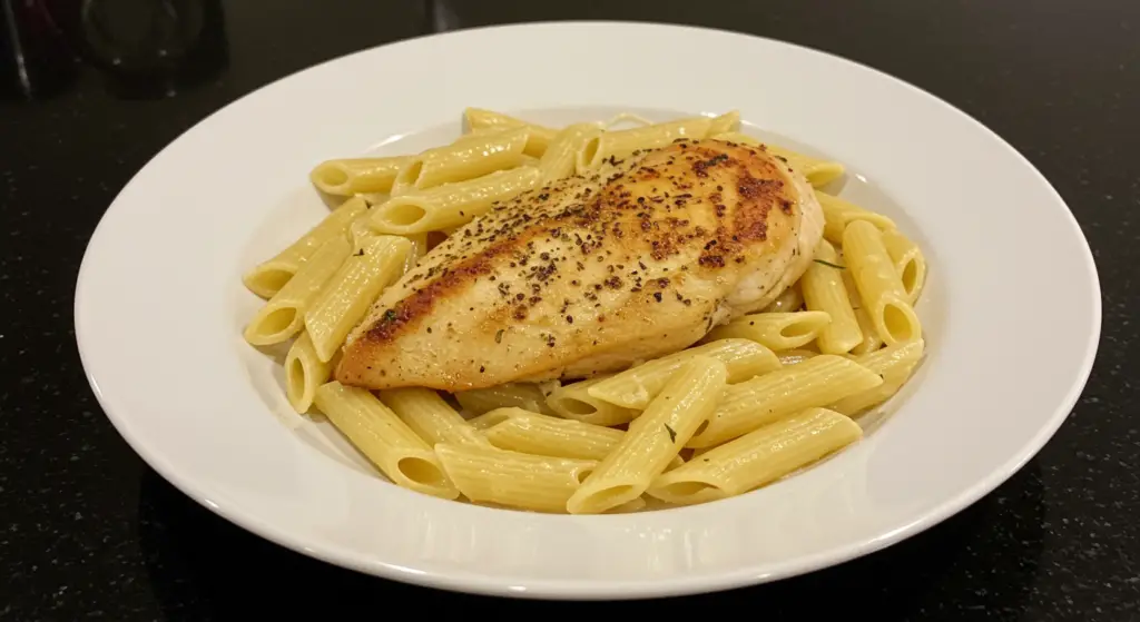A well-lit kitchen scene depicting a cast-iron skillet filled with steaming, aromatic garlic chicken pasta. The pasta strands intertwine with tender chicken chunks and vibrant green peas, coated in a rich, creamy parmesan sauce. Garlic cloves and fresh herbs add depth of flavor, while crusty bread slices and a glass of white wine set the stage for an inviting, homestyle meal. The lighting casts warm, golden tones, highlighting the glistening sauce and the mouthwatering dish ready to be enjoyed as a satisfying leftover or a standalone dinner.