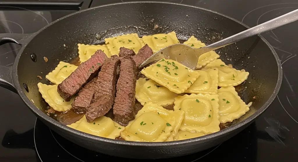 A dimly lit kitchen filled with the aroma of sautéed garlic and sizzling protein. On the stovetop, a cast-iron skillet sears tender steak while a pot bubbles with cheese-filled ravioli. Piles of fresh herbs, a wedge of parmesan, and a bottle of red wine sit nearby, hinting at a simple yet satisfying weeknight meal. Through a window, the silhouettes of passers-by suggest the bustle of the evening commute. Soft overhead lighting casts a warm glow, inviting the viewer to pull up a chair and enjoy this effortless yet delectable dinner.
