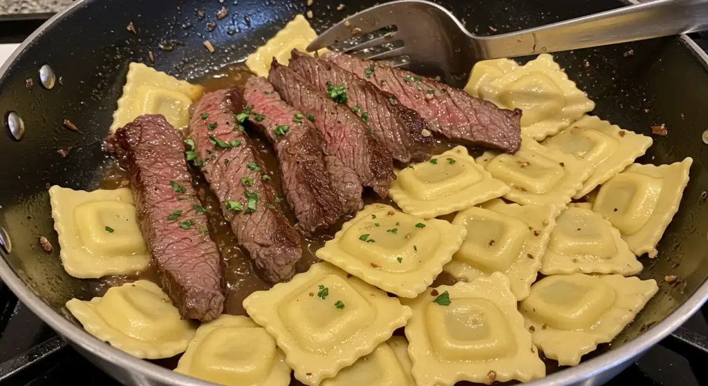 High-resolution, detailed, photorealistic image of cooking tips for garlic butter steak and cheese ravioli. In the foreground, a wooden cutting board with fresh garlic, butter, and a chef's knife. In the middle ground, a sizzling skillet with perfectly seared steak slices and cheese-filled ravioli. The background features a rustic kitchen counter with a stack of cookbooks and herbs in the corner. Bright, natural lighting from a window casts a warm glow over the entire scene. The composition emphasizes the textures, colors, and aromas of the dish, inviting the viewer to imagine the delicious flavors. The overall mood is cozy, inviting, and instructive, capturing the essence of the "Additional Tips for Perfecting Your Dish" section.