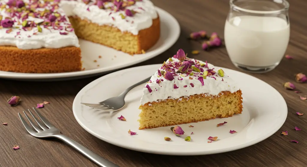 A mouthwatering rose milk cake, its soft, pillowy crumb adorned with delicate pink petals. The cake is illuminated by warm, golden lighting, casting a cozy glow. In the foreground, a slice of the cake is presented on a white ceramic plate, the edges neatly trimmed and the interior revealing a tender, milky-pink interior. The middle ground features the full cake, frosted with a lush, creamy rose-infused buttercream. In the background, a rustic wooden table provides a natural, earthy backdrop, complementing the floral elegance of the dessert. The entire scene exudes a sense of decadence and sensory delight, inviting the viewer to savor the best rose milk cake.