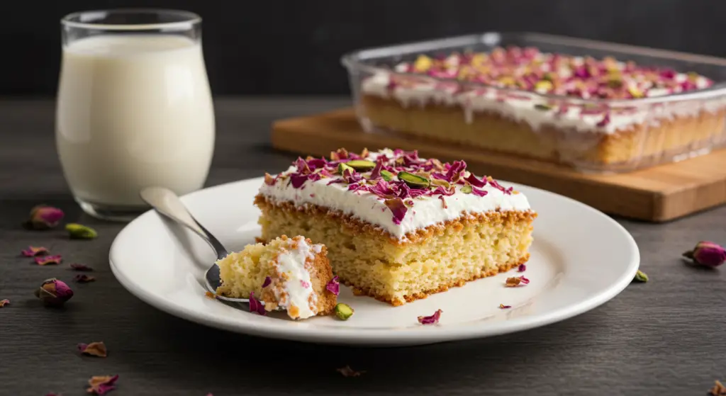 A delicate rose milk cake, its soft pink sponge layered with a creamy rose-infused frosting, rests atop a wooden serving platter. Gentle natural light filters through sheer curtains, illuminating the cake's intricate floral decorations - delicate petals and buds in shades of pink and pale green. The scene exudes a soothing, inviting ambiance, perfect for a beginner baker's cozy kitchen. A thin dusting of powdered sugar adds a final touch of elegance to this floral masterpiece, ready to delight the senses.