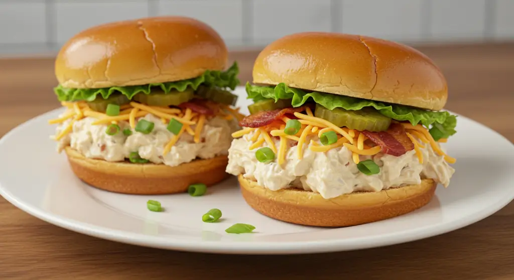 A close-up view of a ranch chicken sandwich on a wooden surface, with a crock pot in the background. The sandwich is made with a soft, toasted brioche bun, tender shredded chicken coated in a creamy ranch sauce, fresh lettuce, and sliced tomatoes. The lighting is warm and natural, creating a cozy, homemade atmosphere. The camera angle is slightly tilted, giving the scene an inviting, appetizing appearance. The focus is sharp on the sandwich, drawing the viewer's attention to the delicious details of the dish.