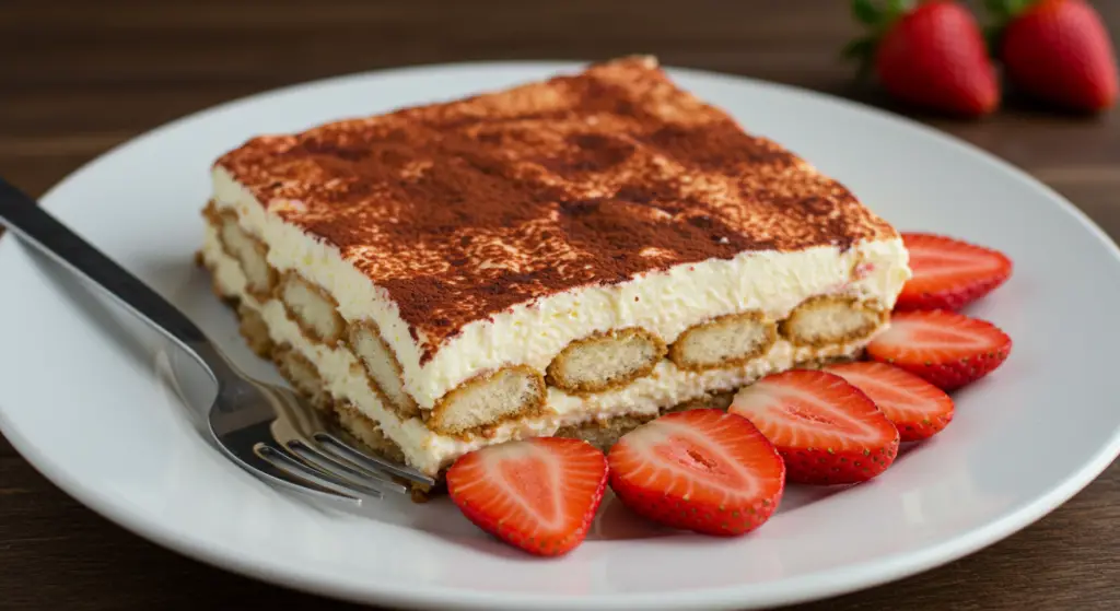 A beautifully lit kitchen counter showcases the preparation of a delectable Strawberry Tiramisu. In the foreground, ripe ruby-red strawberries are neatly sliced, their vibrant hues contrasting against the creamy mascarpone mixture. Beside them, delicate ladyfingers are carefully dipped in a rich espresso infusion, creating the tiramisu's distinctive layers. The middle ground features an elegant glass or ceramic serving dish, ready to be carefully assembled with the strawberry and coffee-soaked sponge cake. In the background, soft natural light filters through the window, lending a warm, inviting atmosphere to the scene. The overall composition evokes the comforting and indulgent nature of this classic Italian dessert.