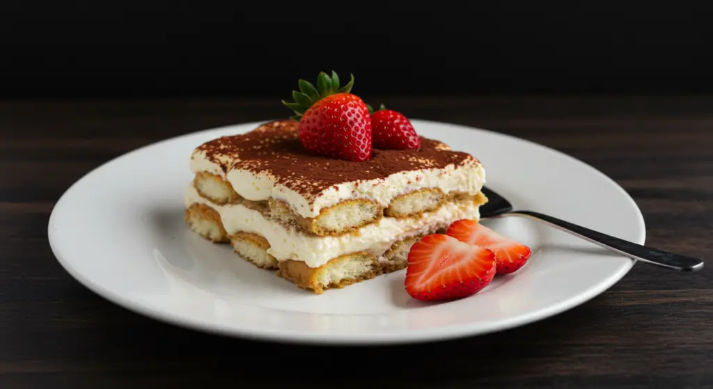 A delicate strawberry tiramisu dessert is elegantly presented on a white ceramic platter, its layers of sponge cake, mascarpone cream, and ruby-red strawberry compote artfully arranged. Soft, diffused lighting illuminates the scene, casting a warm, inviting glow. The tiramisu is topped with fresh, juicy strawberries and a light dusting of cocoa powder, creating a visually stunning contrast. The platter is placed on a smooth, wooden surface, framed by a minimalist background that allows the dessert to take center stage. The composition evokes a sense of refinement and sophistication, perfectly suited to adorn the "Serving Suggestions for Strawberry Tiramisu" section of the article.