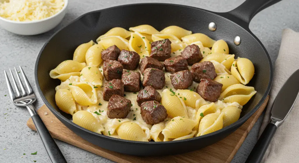 A mouthwatering family-style meal featuring perfectly seared garlic butter steak bites, nestled alongside a bed of creamy Parmesan alfredo shells and vibrant roasted vegetables. The steak is cooked to a delectable medium-rare, its rich, savory flavors mingling with the fragrant garlic butter. The pasta shells are al dente, coated in a velvety, cheese-forward sauce. Crisp-tender asparagus, carrots, and zucchini add pops of color and texture. Soft, pillowy rolls complete the spread, inviting diners to soak up every last drop. Warm, golden lighting casts a comforting glow, creating an appetizing tableau perfect for family dinners or intimate gatherings.