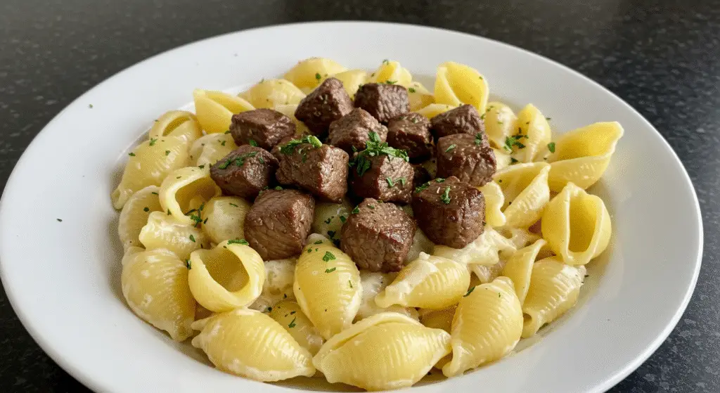 A kitchen countertop with various meal prep containers neatly arranged, showcasing different portions of the Garlic Butter Steak Bites and Parmesan Alfredo Shells. The containers are in a range of sizes, some with clear lids to display the contents. Warm lighting creates a cozy, inviting atmosphere, and the overall composition emphasizes organization, portion control, and easy storage and reheating. The scene is captured from a slightly elevated angle, highlighting the thoughtful presentation of the leftovers.