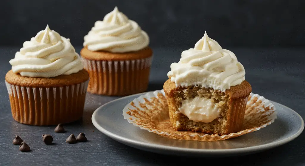 A close-up photograph of three freshly baked Boston cream pie cupcakes, the golden-brown cupcakes with a rich chocolate ganache topping and a creamy custard filling peeking through. Soft natural lighting illuminates the cupcakes from above, casting gentle shadows and highlighting the delicate textures of the cake, ganache, and custard. The cupcakes are neatly arranged on a simple white background, creating a clean and inviting presentation that showcases the irresistible homemade goodness of this classic dessert.