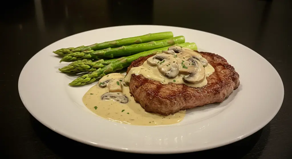 A sumptuous meal fit for any occasion. On a rustic wooden table, a succulent steak sizzles, its exterior seared to a golden-brown perfection. A rich, creamy mushroom sauce cascades over the meat, its savory aroma wafting through the air. Crisp, vibrant asparagus spears, lightly charred, nestle alongside the steak, adding a pop of verdant color. Warm, soft lighting casts a cozy glow, highlighting the textures and colors of this indulgent dish. A clean, intimate setting, framed by natural wooden tones and minimalist decor, creates an atmosphere of elegant simplicity, inviting the viewer to savor every bite of this meal fit for any occasion.
