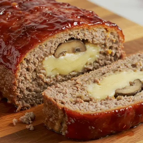 Smoky Bacon Mushroom Swiss cheese-Stuffed Meatloaf