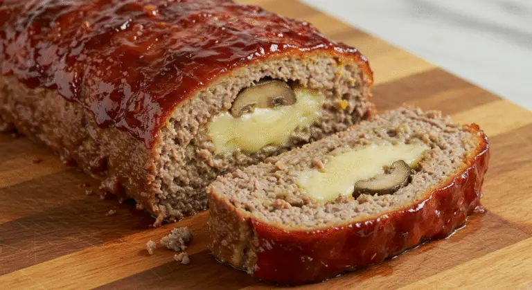 Smoky Bacon Mushroom Swiss cheese-Stuffed Meatloaf