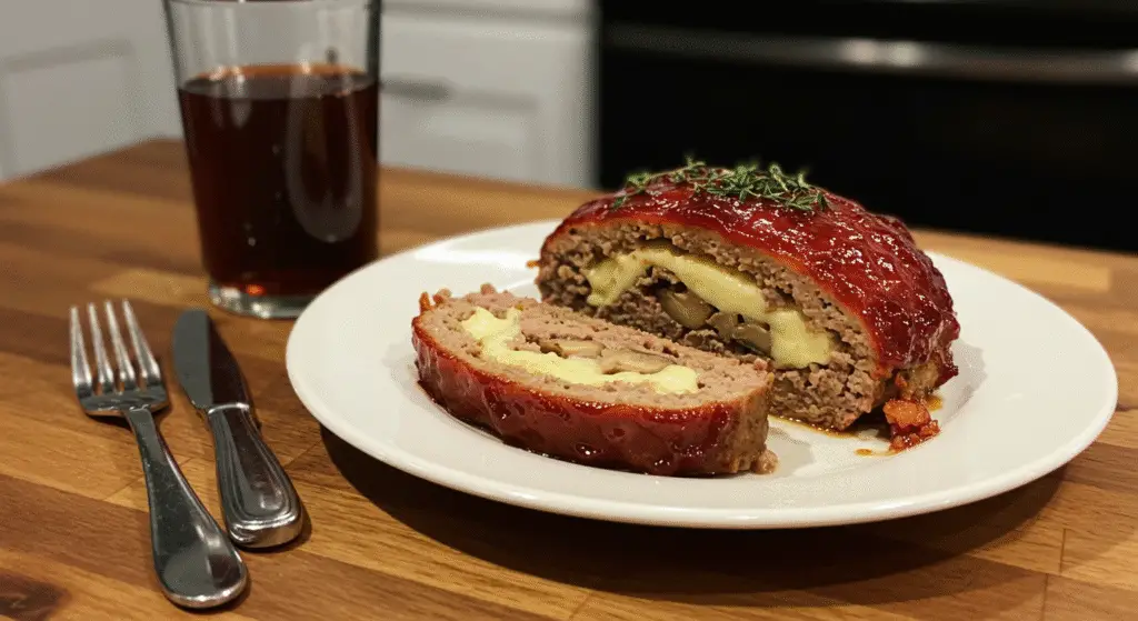 A closeup photo of a perfectly cooked meatloaf, sliced to reveal its moist, savory interior. The meatloaf is golden-brown on the outside, with a delicate smoky aroma. Thick slices are arranged on a rustic wooden board, showcasing the beautiful layering of ground beef, smoky bacon, sautéed mushrooms, and melted Swiss cheese. Soft, natural lighting highlights the appealing texture and juiciness of the meatloaf. The image conveys a sense of culinary mastery and the comforting, homemade quality of this classic dish.