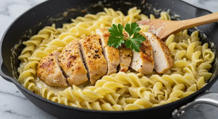 One-Pan Creamy Garlic Butter Chicken with Egg Noodles Easy Recipe